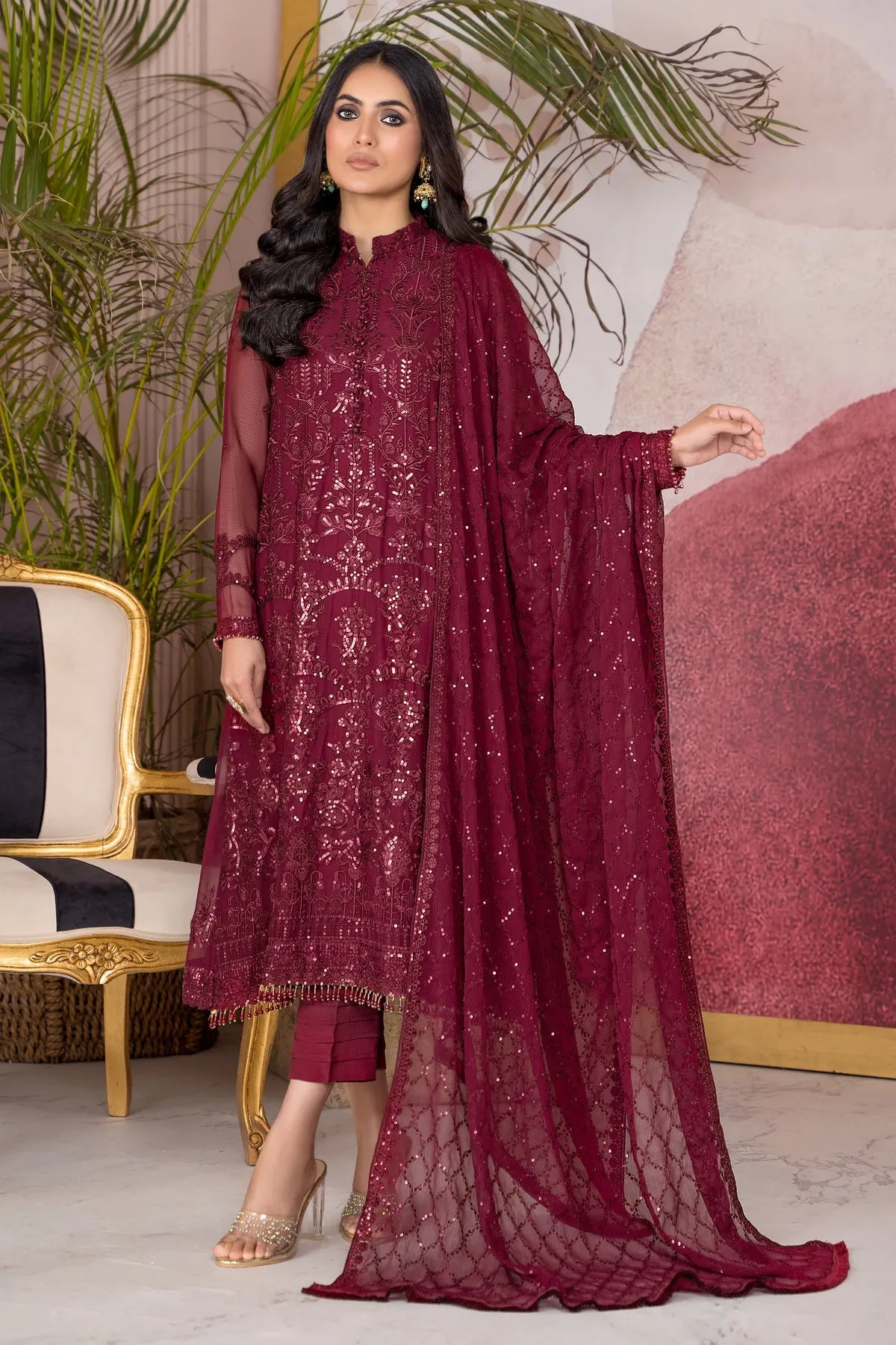 Maroon Pakistani Embroidered Kameez Trousers Party Dress