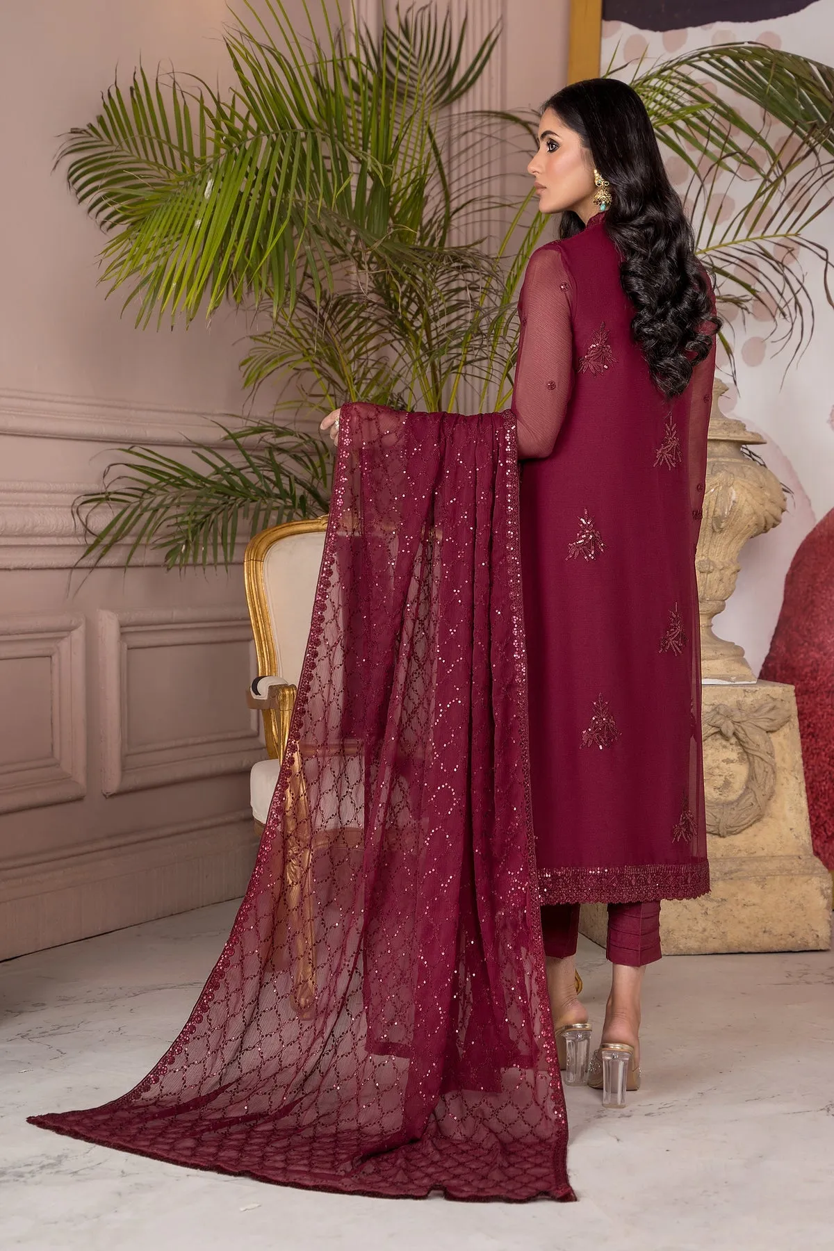 Maroon Pakistani Embroidered Kameez Trousers Party Dress