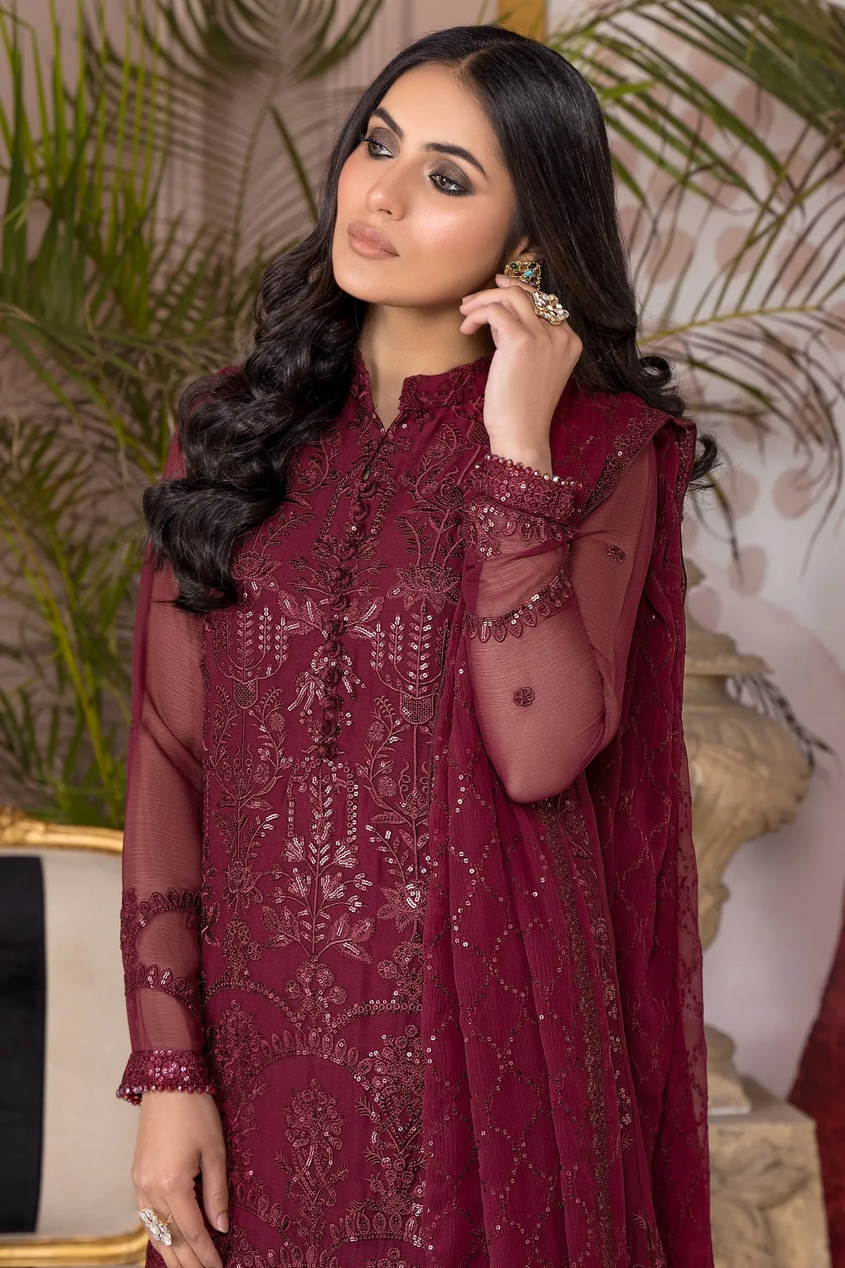Maroon Pakistani Embroidered Kameez Trousers Party Dress