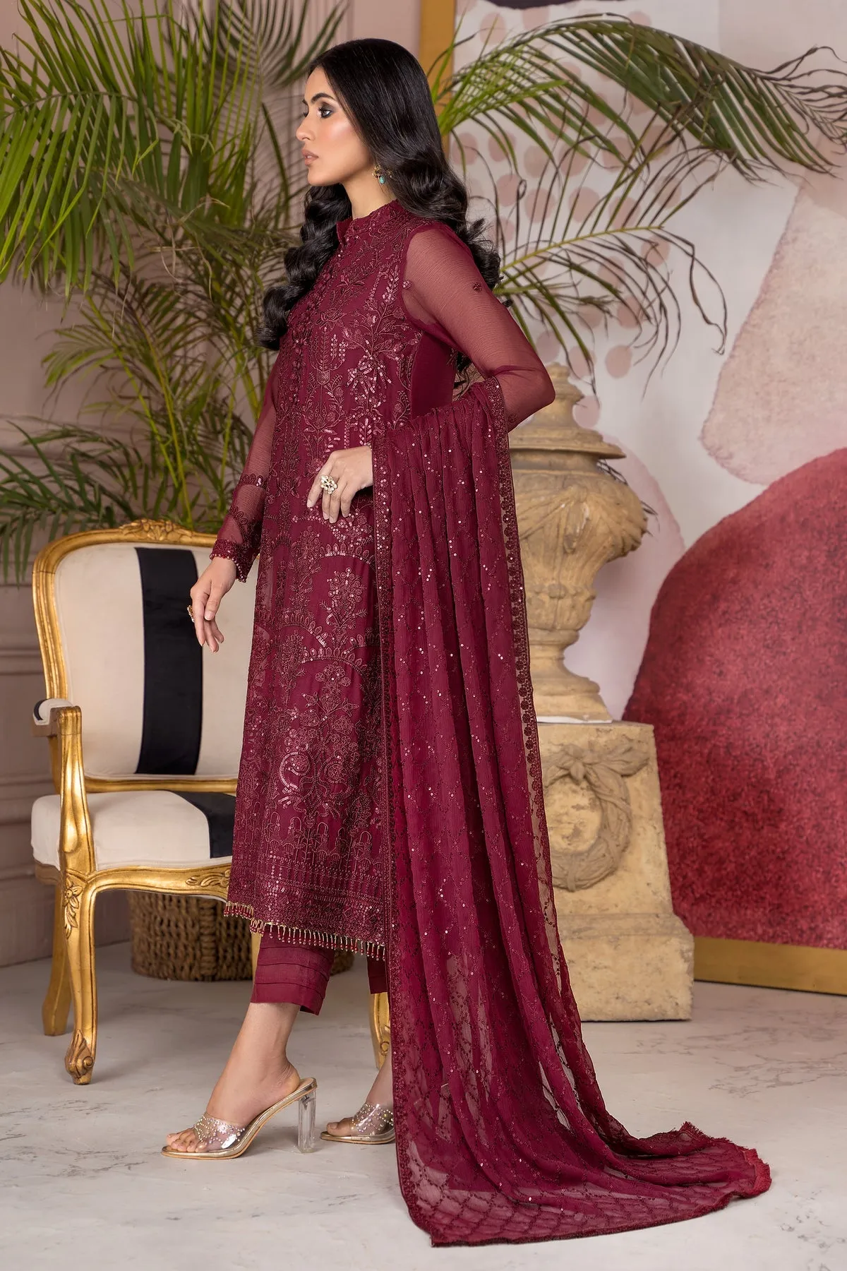 Maroon Pakistani Embroidered Kameez Trousers Party Dress