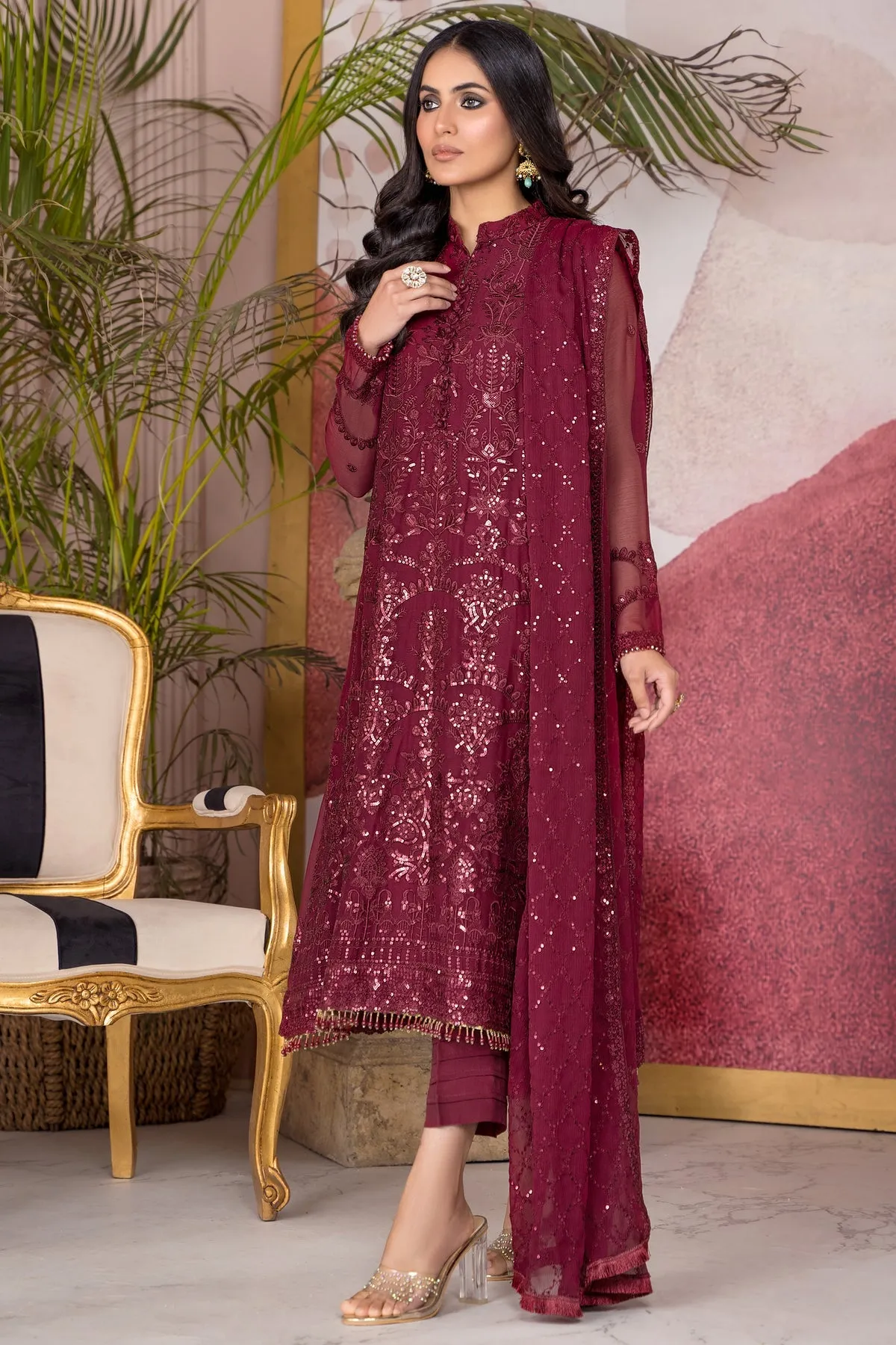 Maroon Pakistani Embroidered Kameez Trousers Party Dress