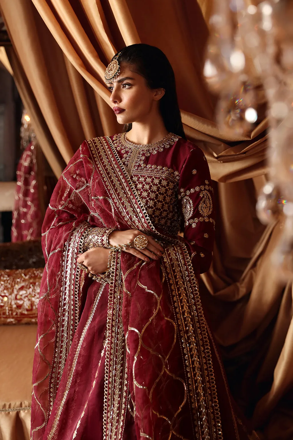 Maroon Red Embroidered Pakistani Wedding Dress Long Pishwas Frock