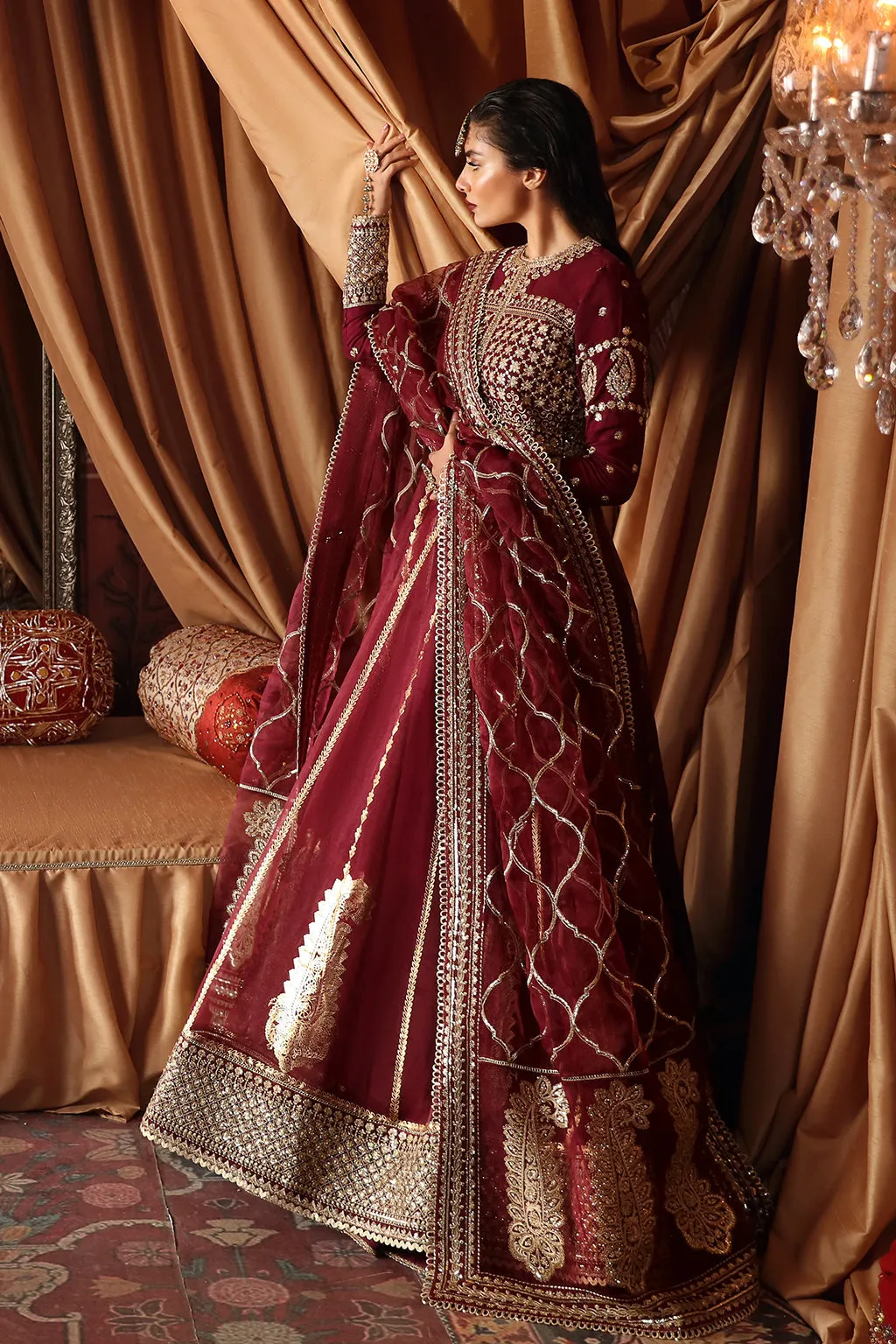 Maroon Red Embroidered Pakistani Wedding Dress Long Pishwas Frock