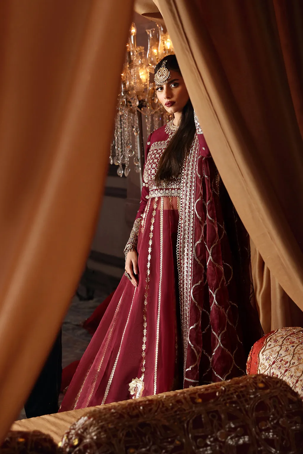 Maroon Red Embroidered Pakistani Wedding Dress Long Pishwas Frock