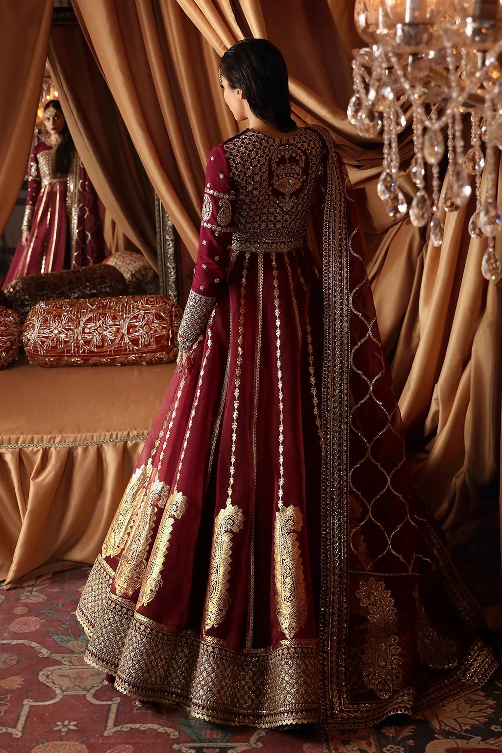 Maroon Red Embroidered Pakistani Wedding Dress Long Pishwas Frock