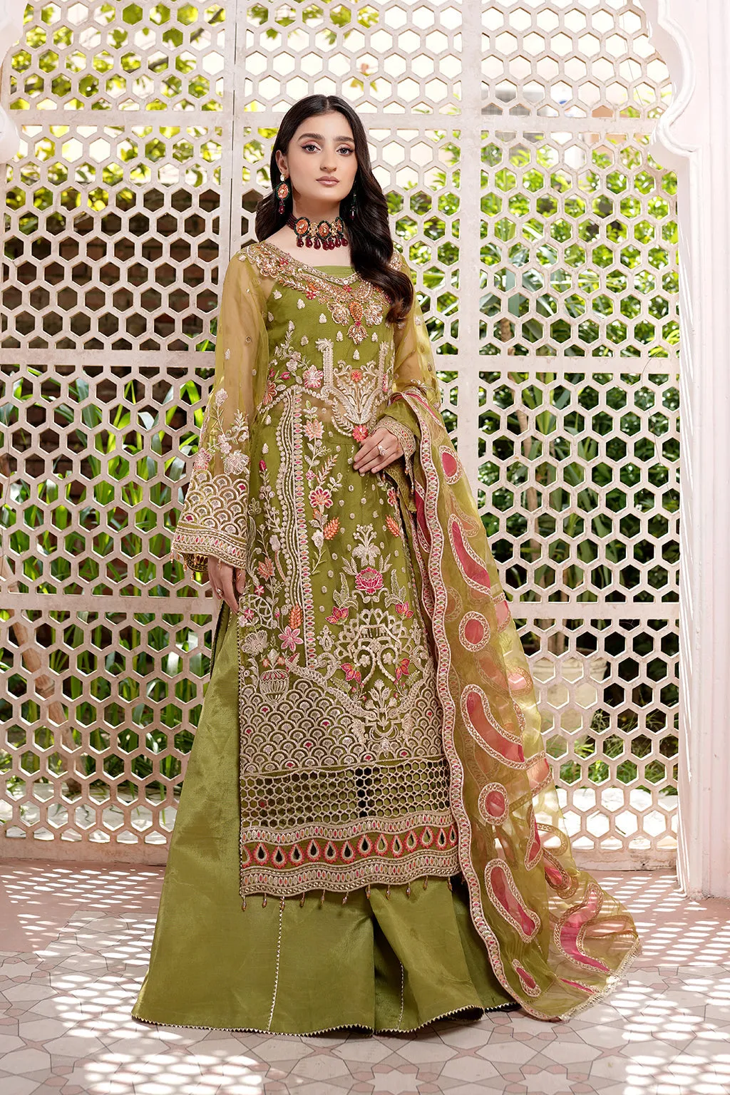Mehndi Green Embroidered Pakistani Wedding Dress Kmaeez Gharara
