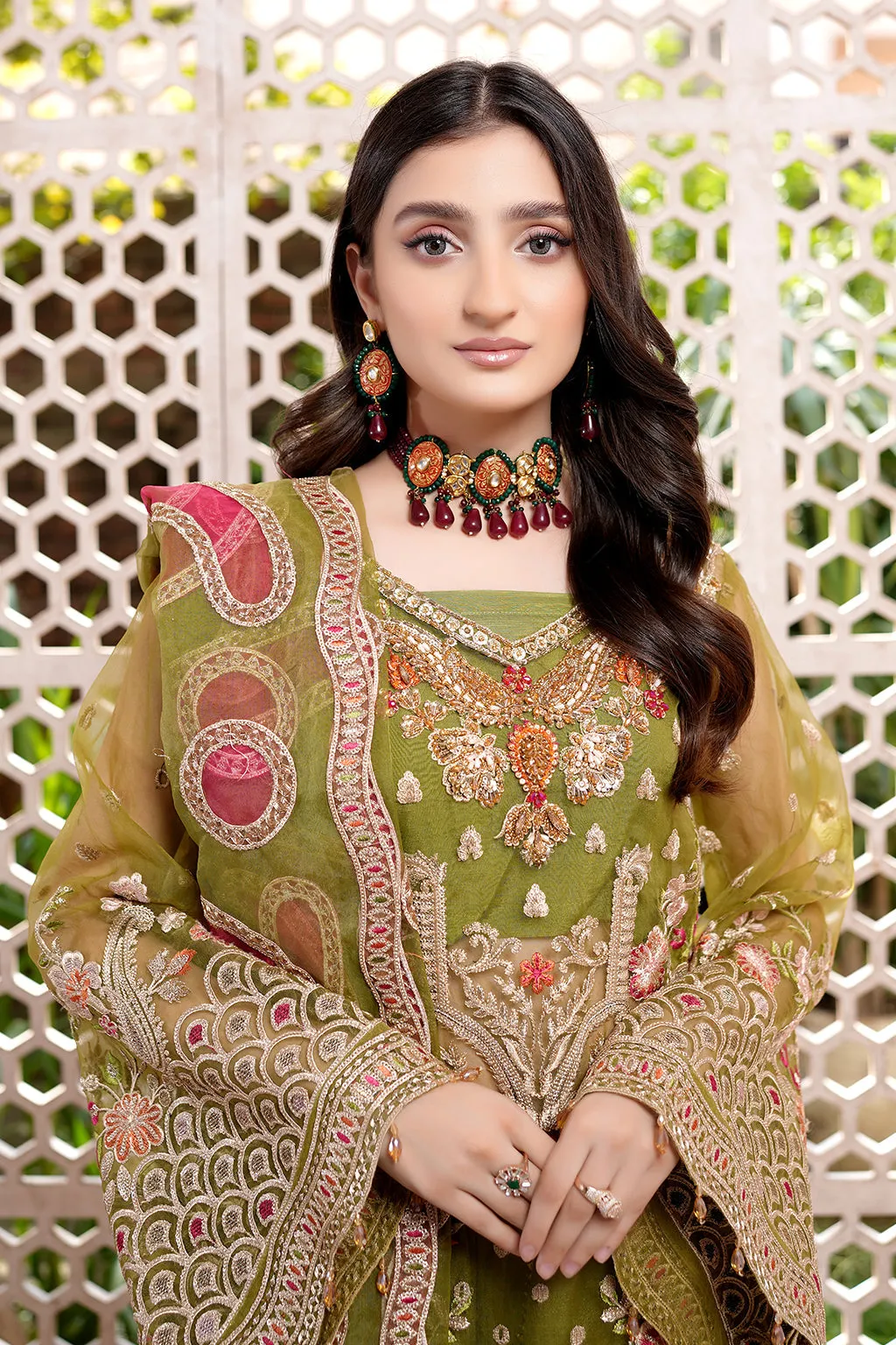 Mehndi Green Embroidered Pakistani Wedding Dress Kmaeez Gharara