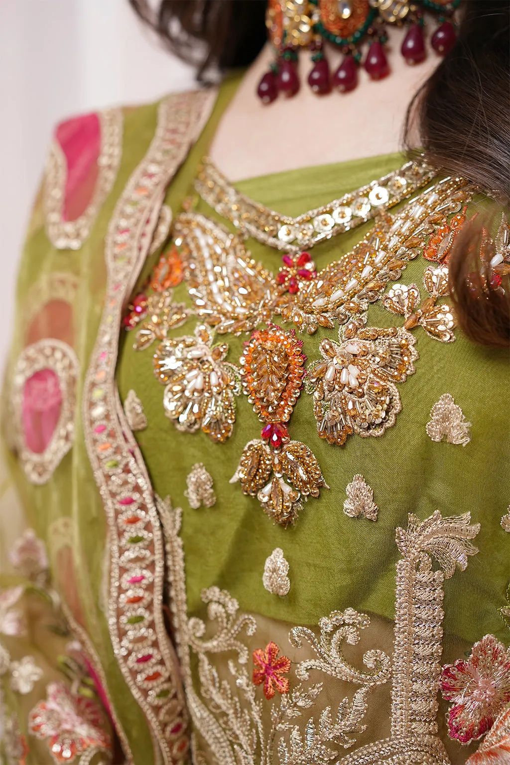 Mehndi Green Embroidered Pakistani Wedding Dress Kmaeez Gharara