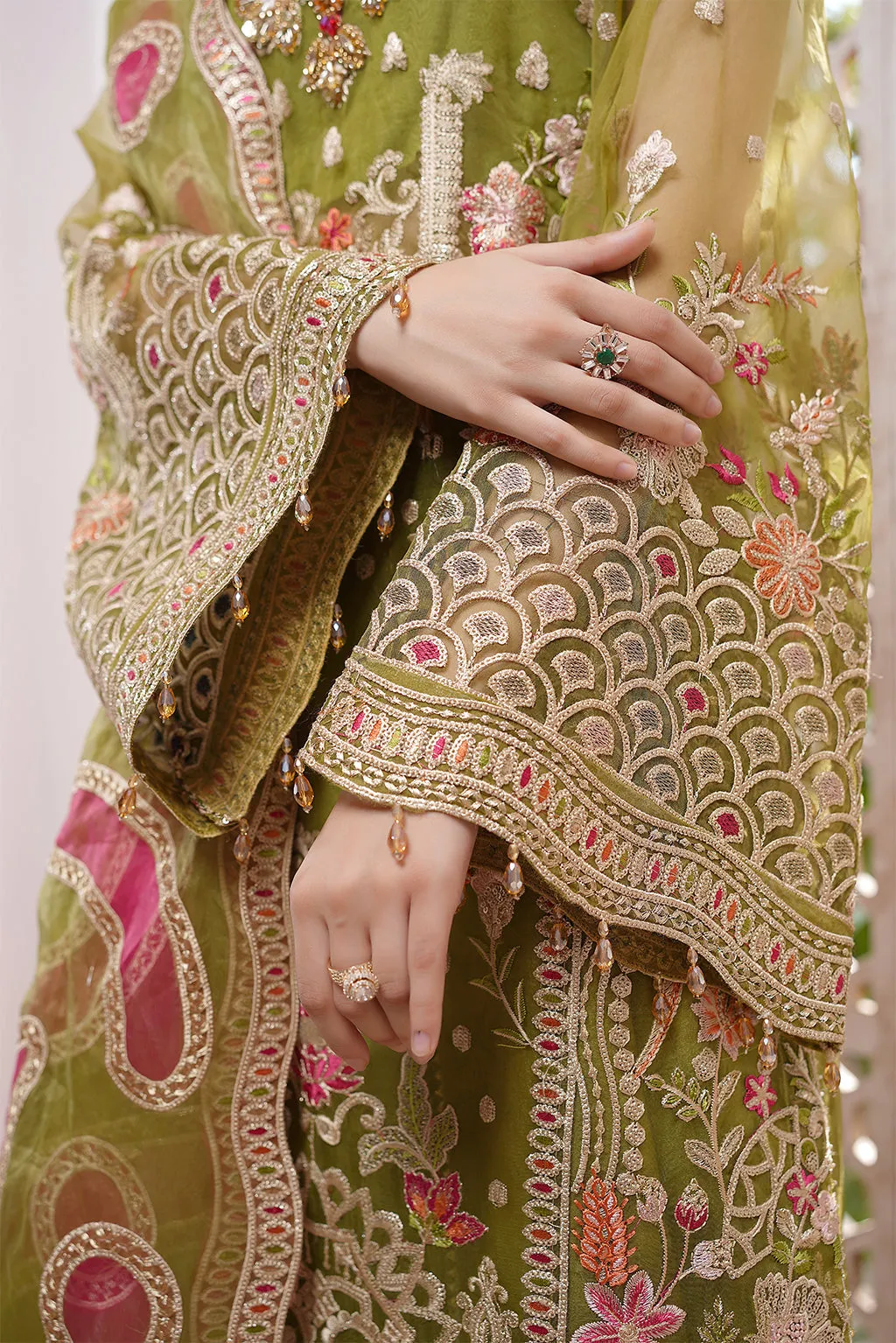 Mehndi Green Embroidered Pakistani Wedding Dress Kmaeez Gharara