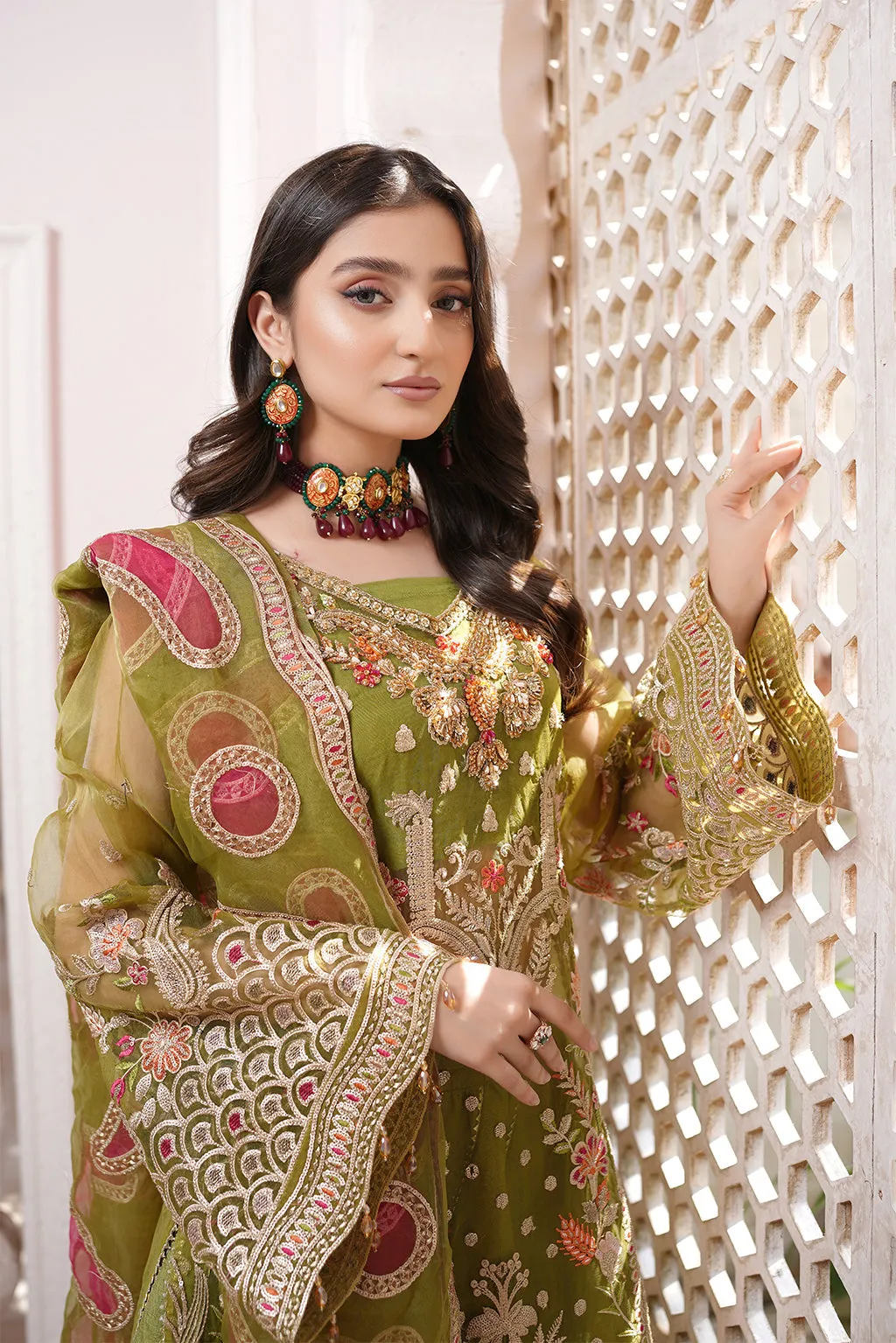 Mehndi Green Embroidered Pakistani Wedding Dress Kmaeez Gharara