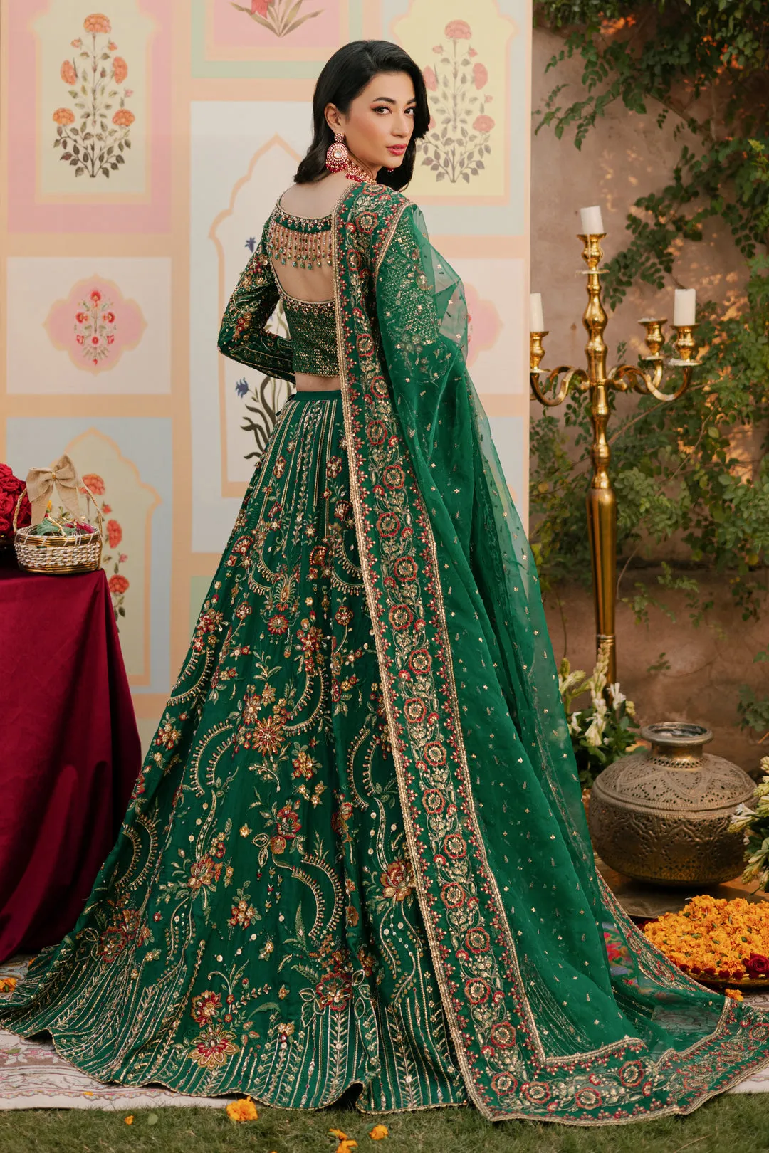 Mehndi Green Heavily Embellished Pakistani Wedding Dress Lehenga Choli