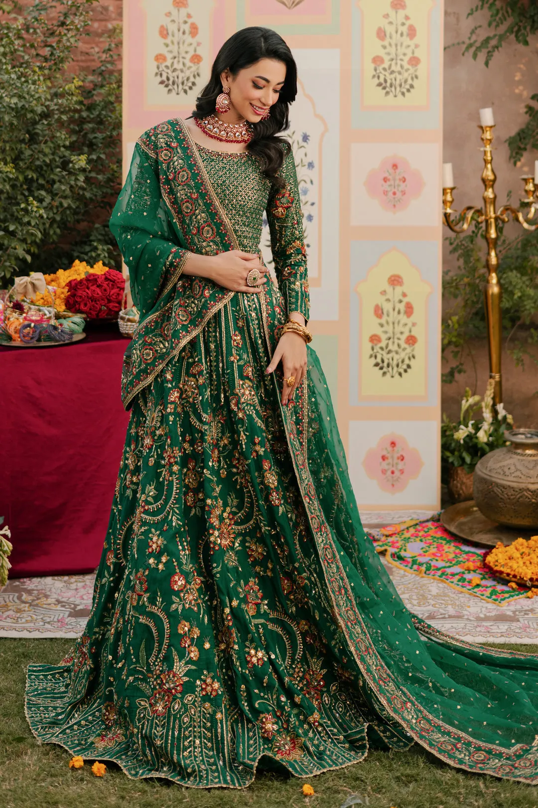 Mehndi Green Heavily Embellished Pakistani Wedding Dress Lehenga Choli
