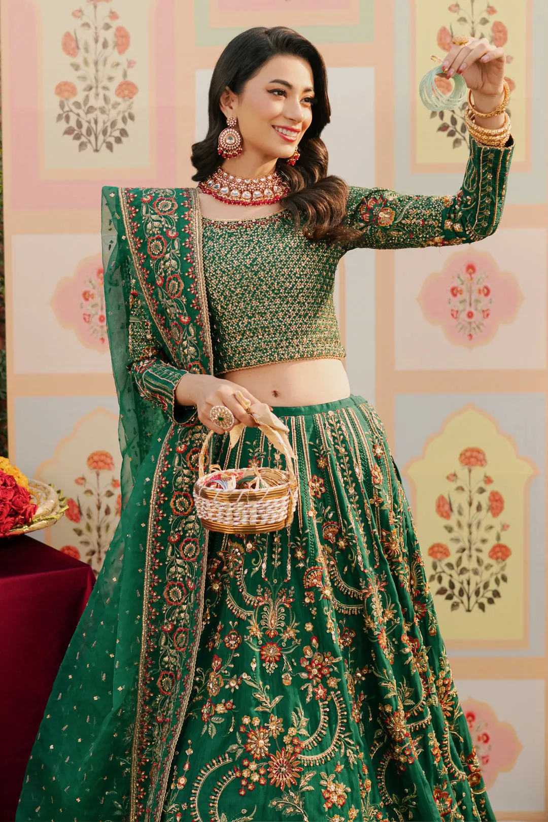 Mehndi Green Heavily Embellished Pakistani Wedding Dress Lehenga Choli