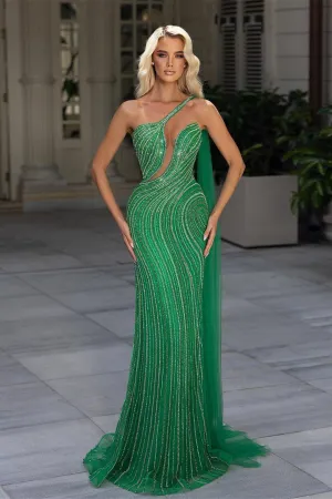 Mermaid Asymmetrical Sequined Floor-length Open Back Sleeveless Lace Prom Dress