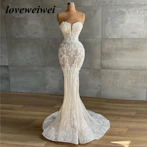 Mermaid Lace Ivory Wedding Gown Strapless Simple Wedding Dress