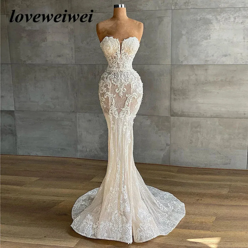 Mermaid Lace Ivory Wedding Gown Strapless Simple Wedding Dress