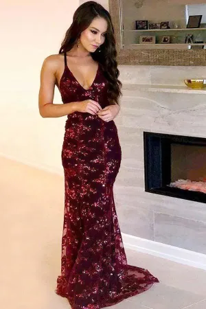Mermaid Scoop Cross Back Dark Red Prom Dress with Sequined PG609
