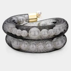 Mesh Tube Black & White Pearl Adjustable Bracelet