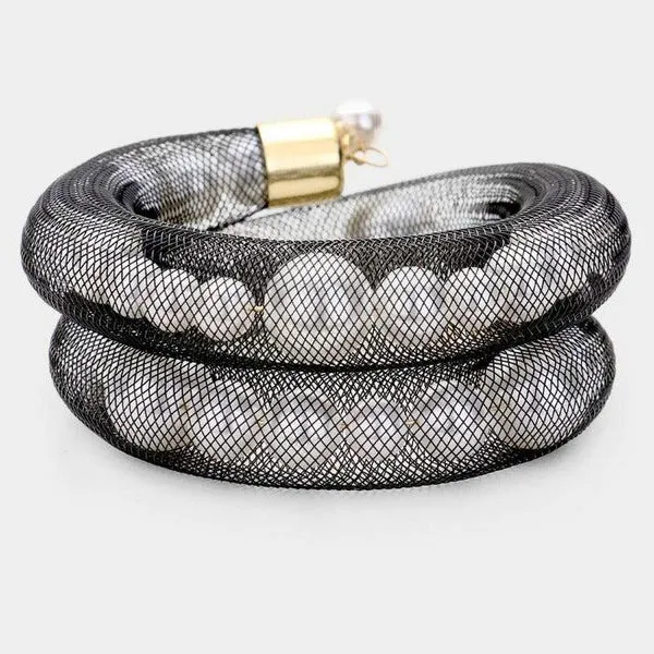 Mesh Tube Black & White Pearl Adjustable Bracelet