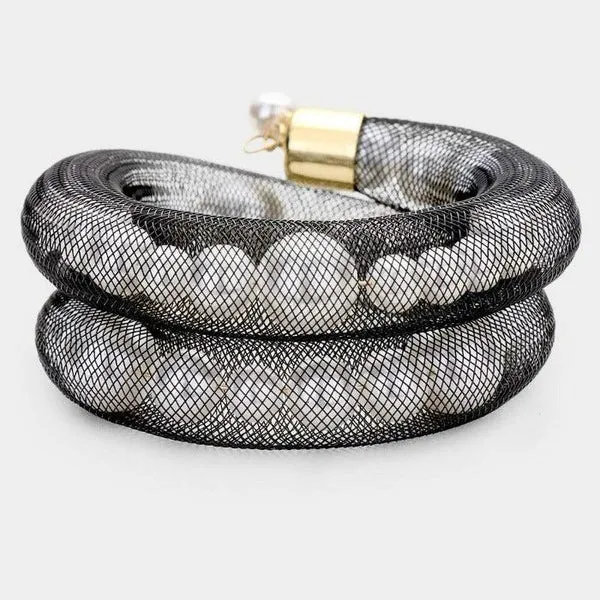 Mesh Tube Black & White Pearl Adjustable Bracelet