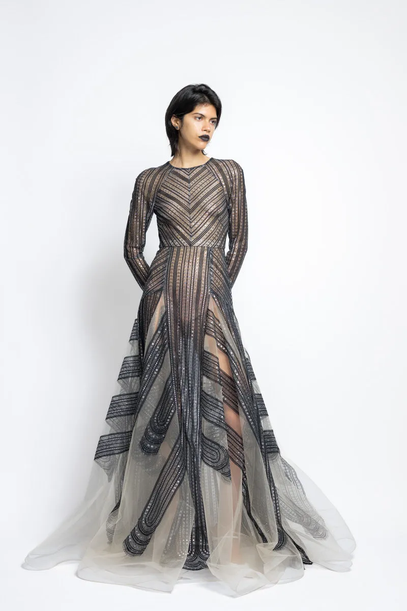 Metallic Nailhead Lace And Tulle Gown