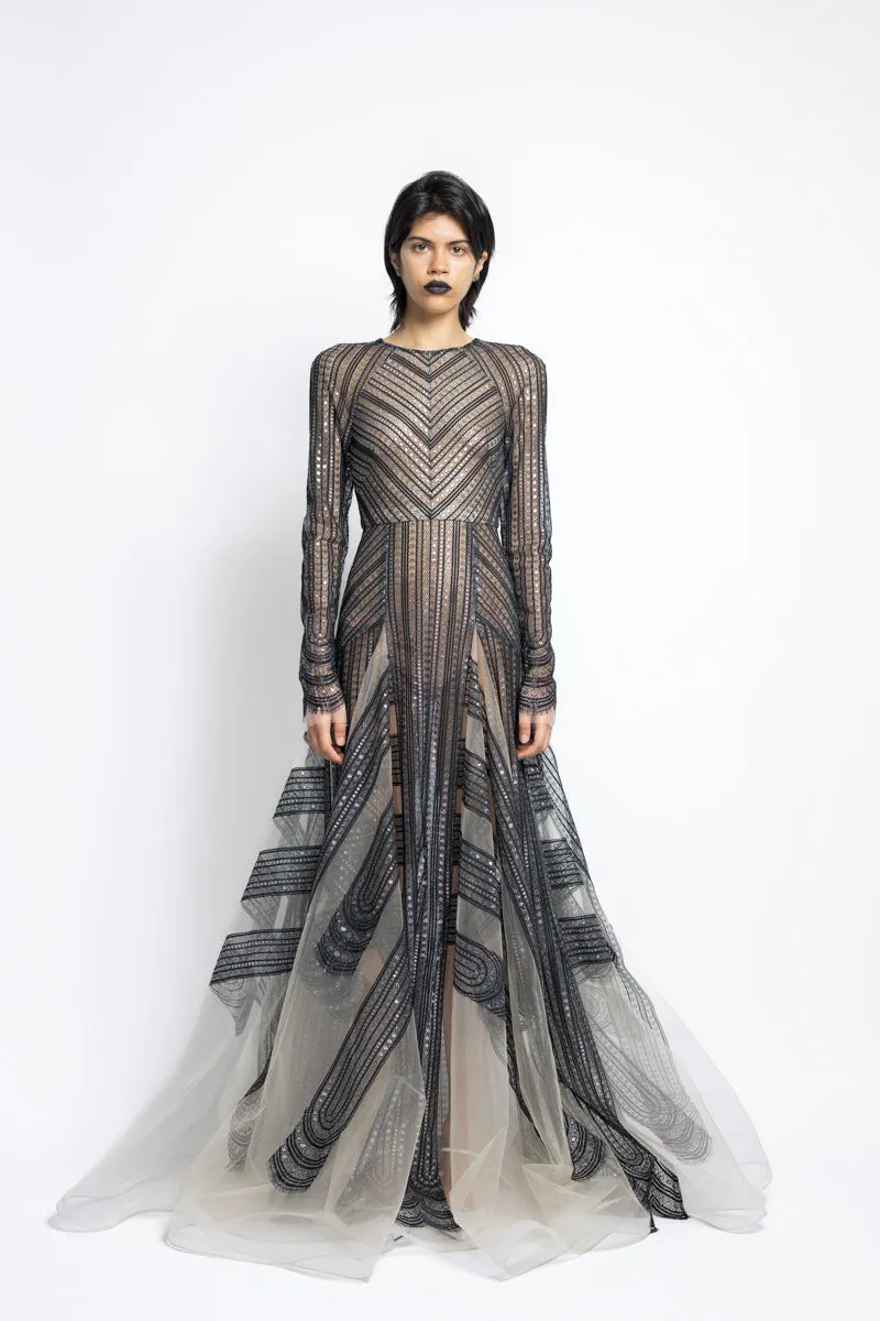 Metallic Nailhead Lace And Tulle Gown