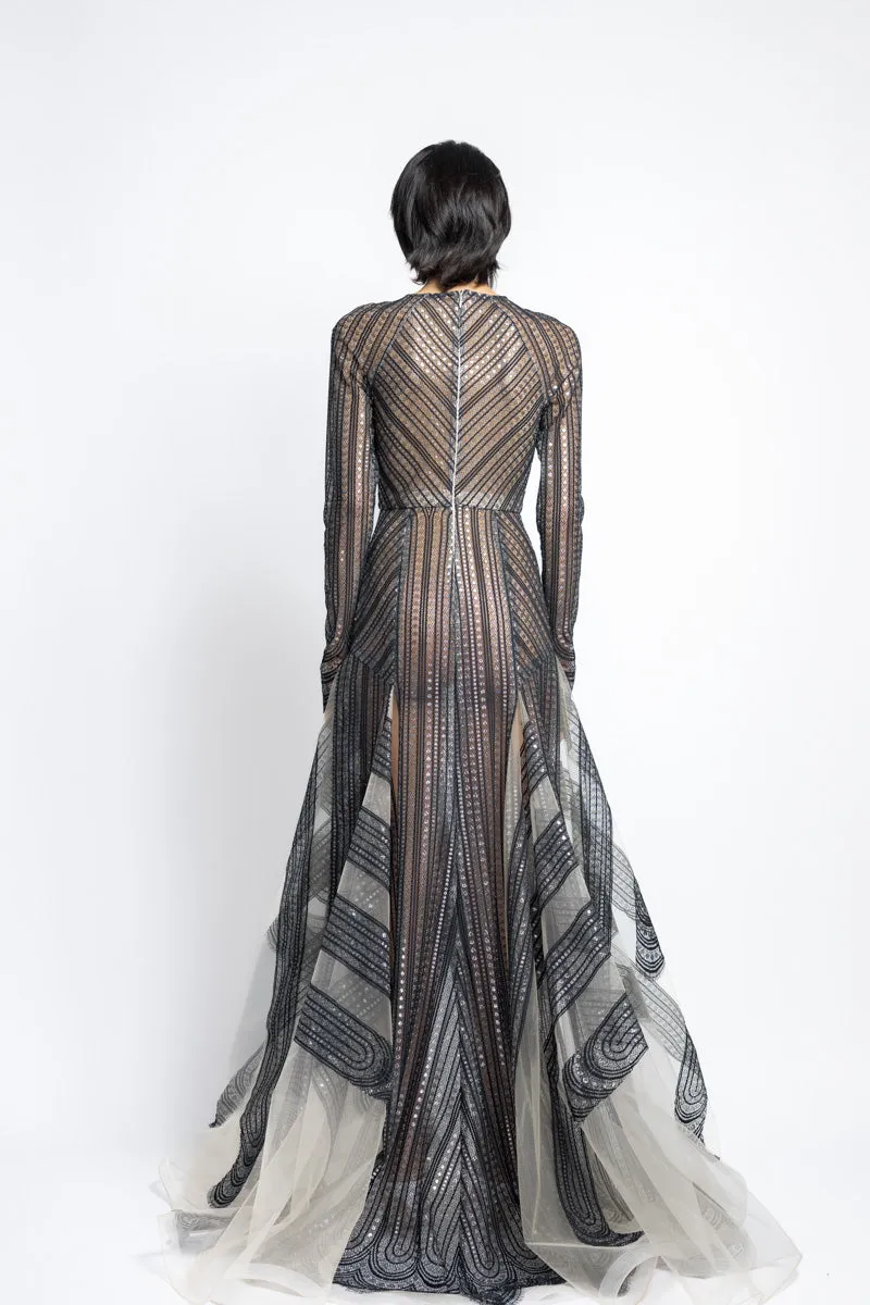 Metallic Nailhead Lace And Tulle Gown