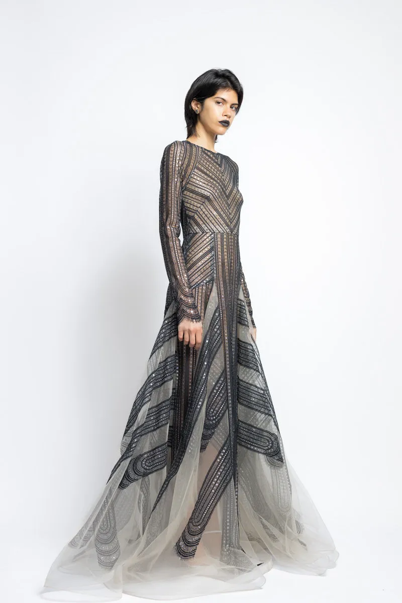 Metallic Nailhead Lace And Tulle Gown