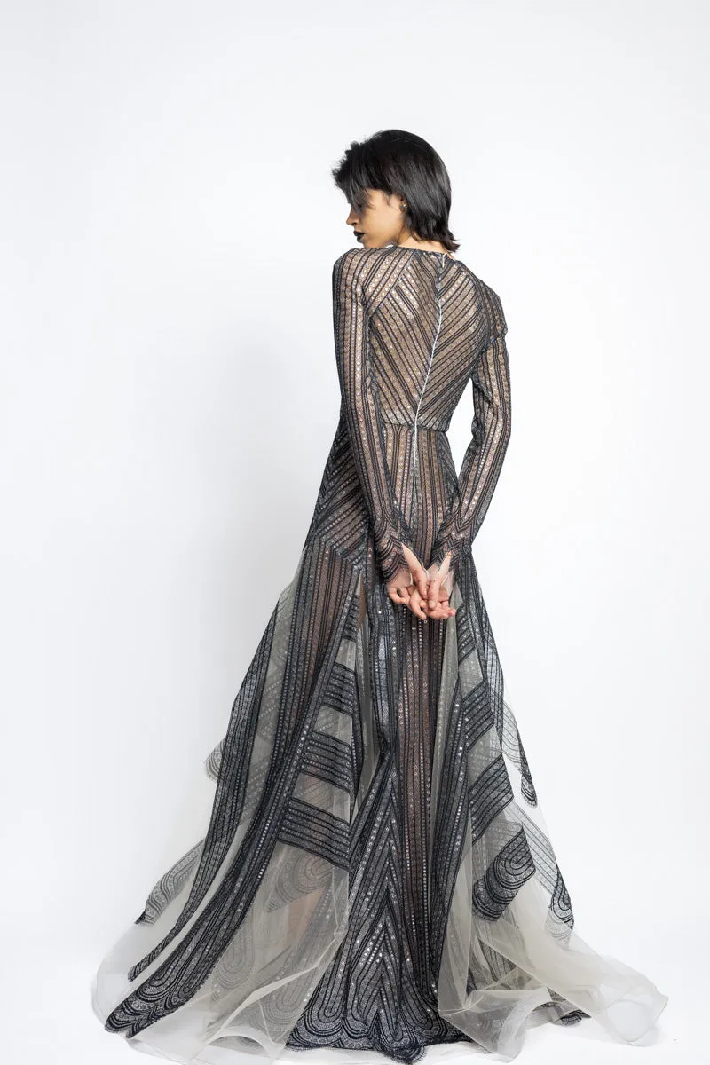 Metallic Nailhead Lace And Tulle Gown