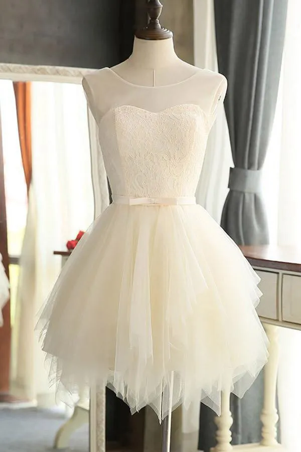 Mini Charming Tulle Short Ivory Backless Prom Dresses Homecoming Dress For Girls OK307