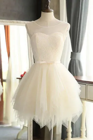 Mini Charming Tulle Short Ivory Backless Prom Dresses Homecoming Dress For Girls OK307