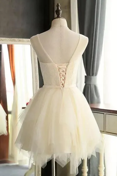 Mini Charming Tulle Short Ivory Backless Prom Dresses Homecoming Dress For Girls OK307