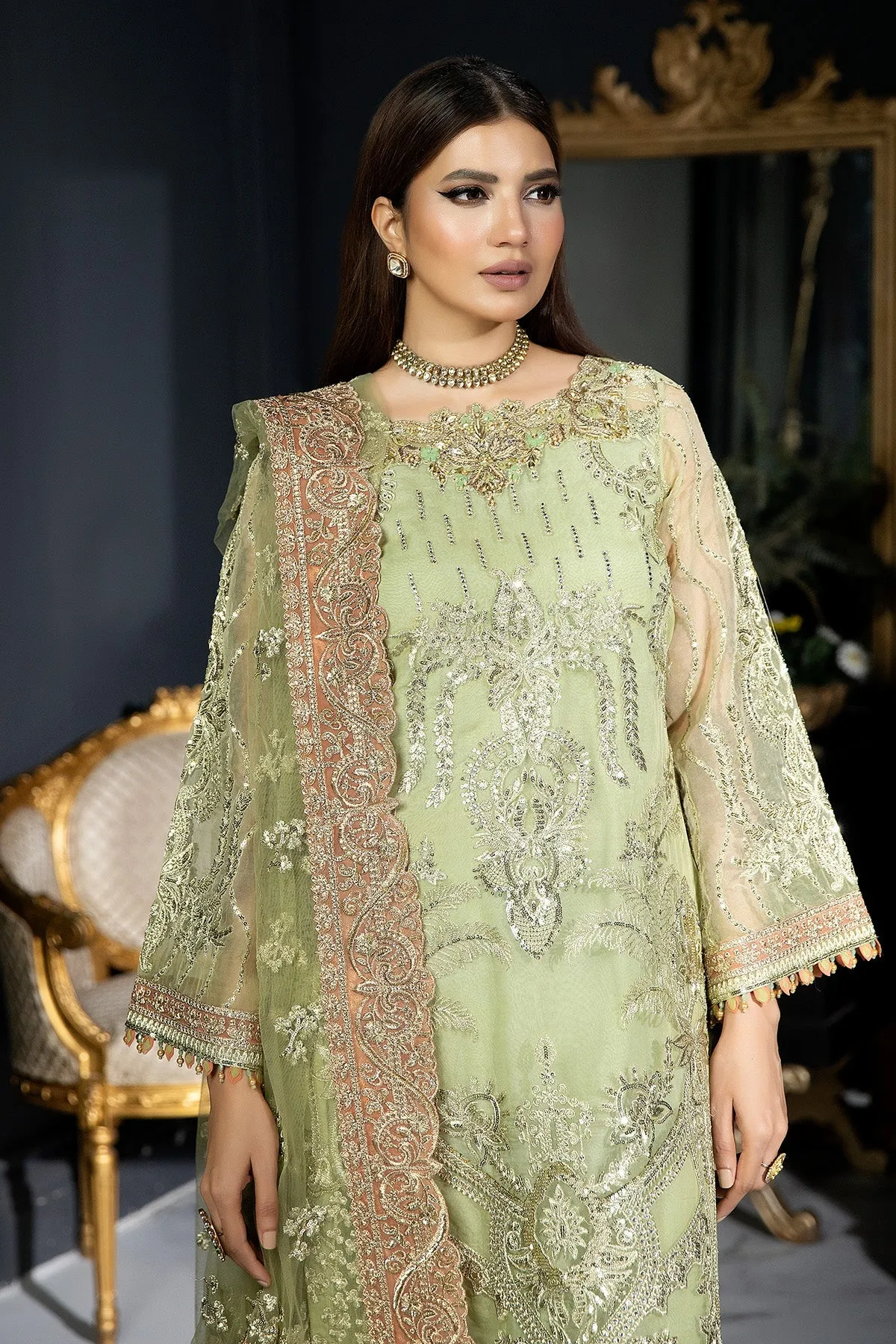 Mint Green Embroidered Pakistani Wedding Dress in Kameez Trousers Style