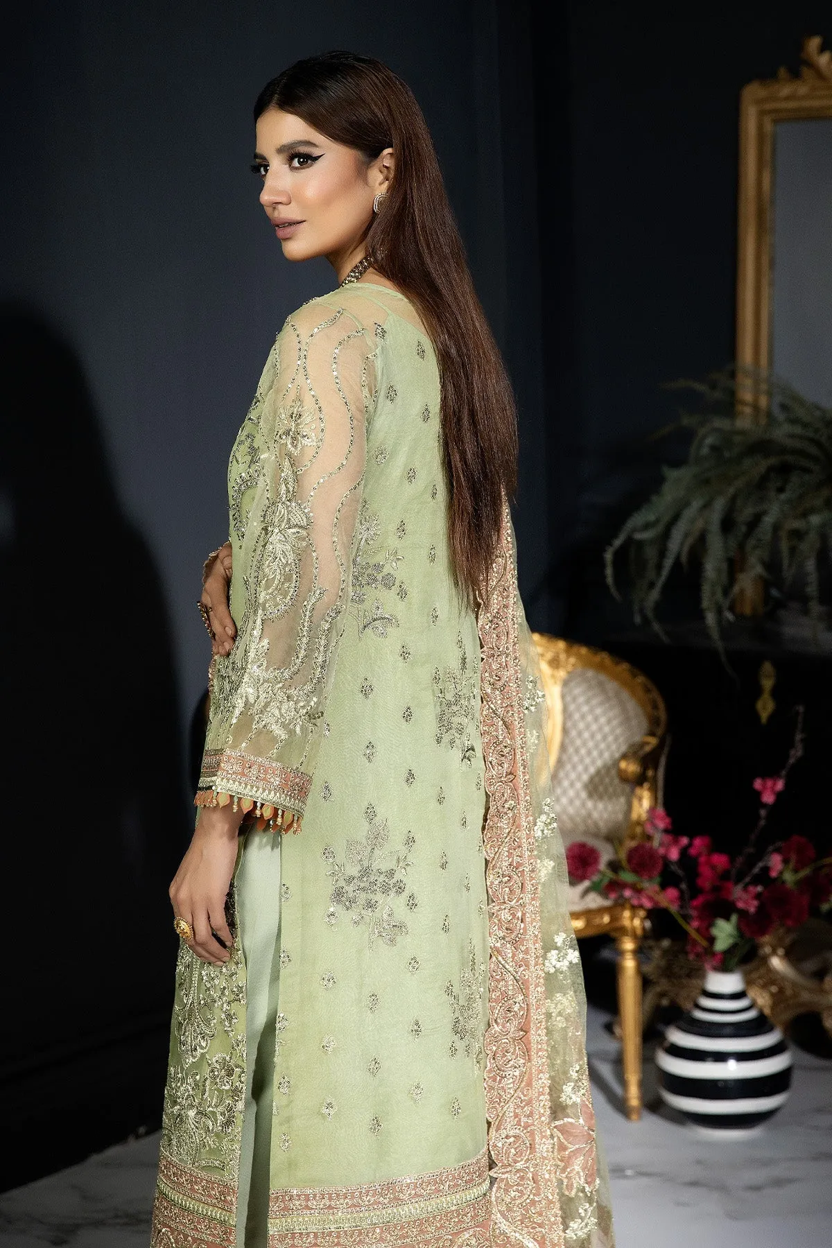 Mint Green Embroidered Pakistani Wedding Dress in Kameez Trousers Style
