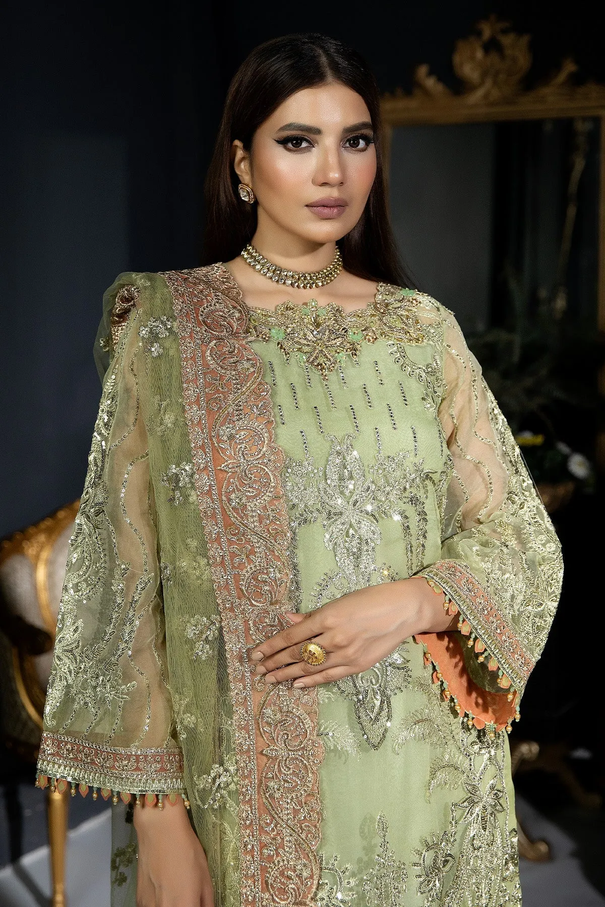 Mint Green Embroidered Pakistani Wedding Dress in Kameez Trousers Style