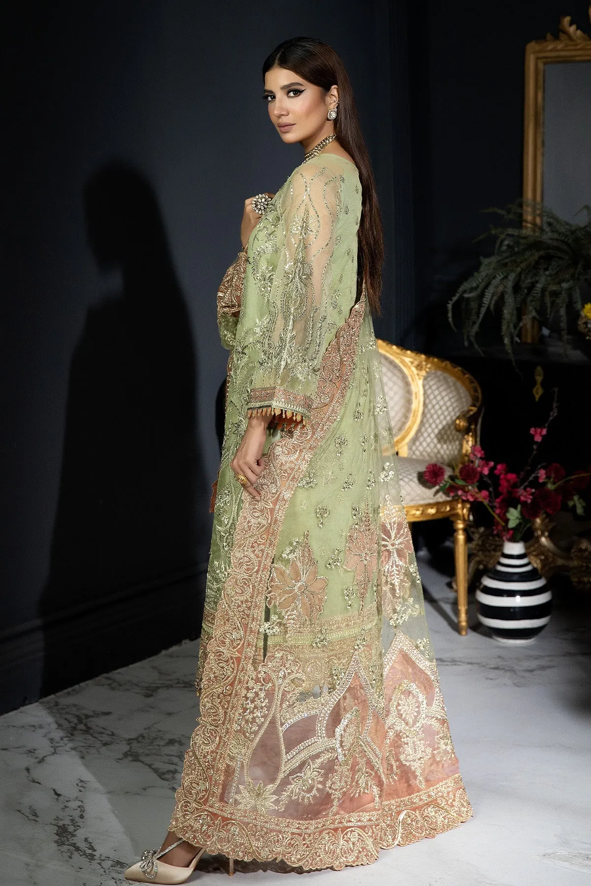 Mint Green Embroidered Pakistani Wedding Dress in Kameez Trousers Style