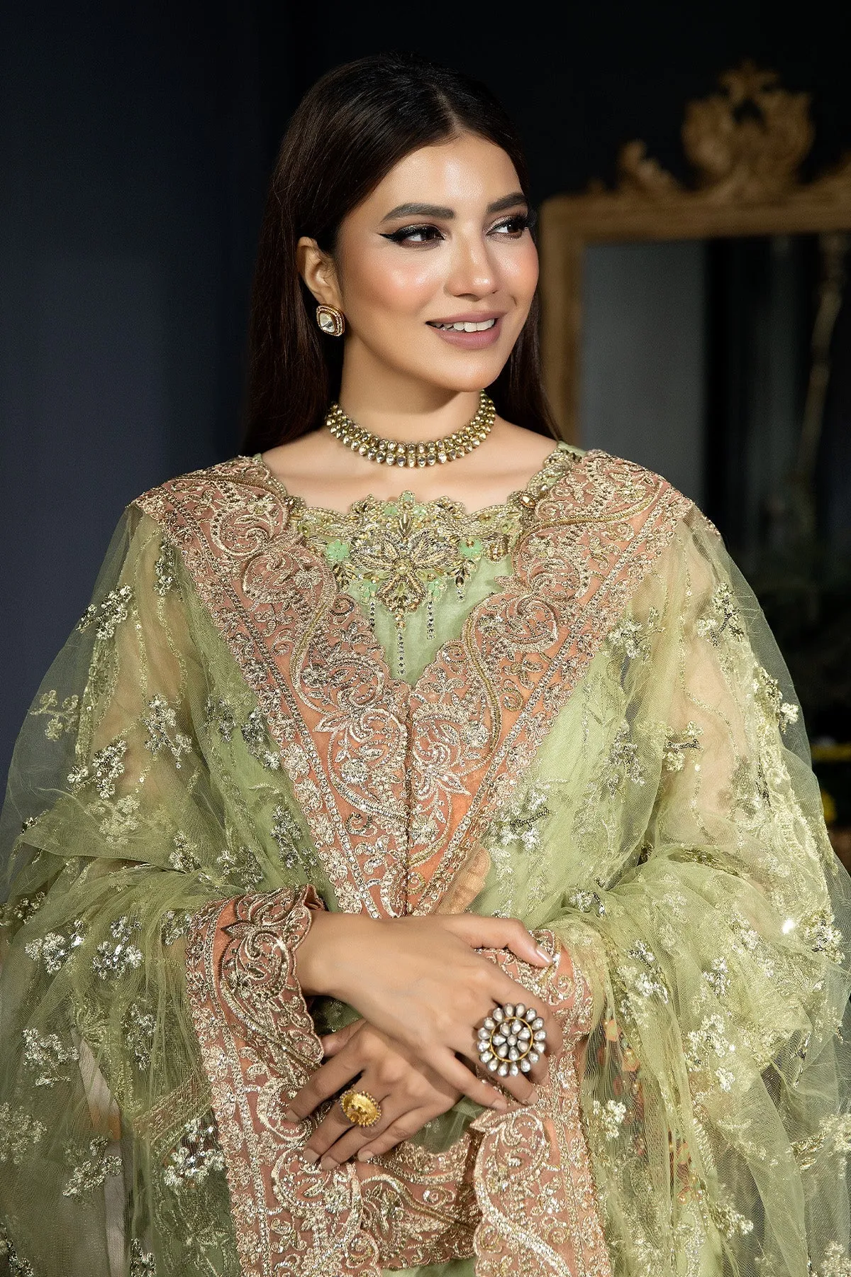 Mint Green Embroidered Pakistani Wedding Dress in Kameez Trousers Style