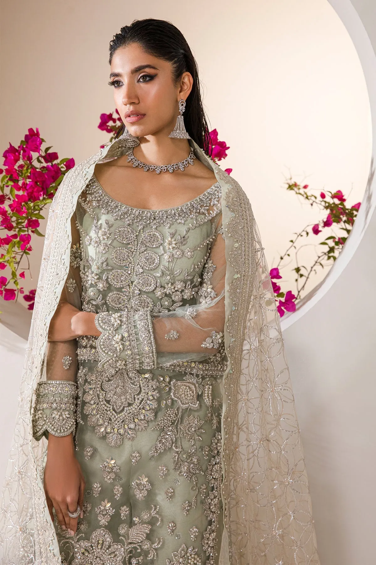 Mint Green Embroidered Pakistani Wedding Dress Kameez Gharara