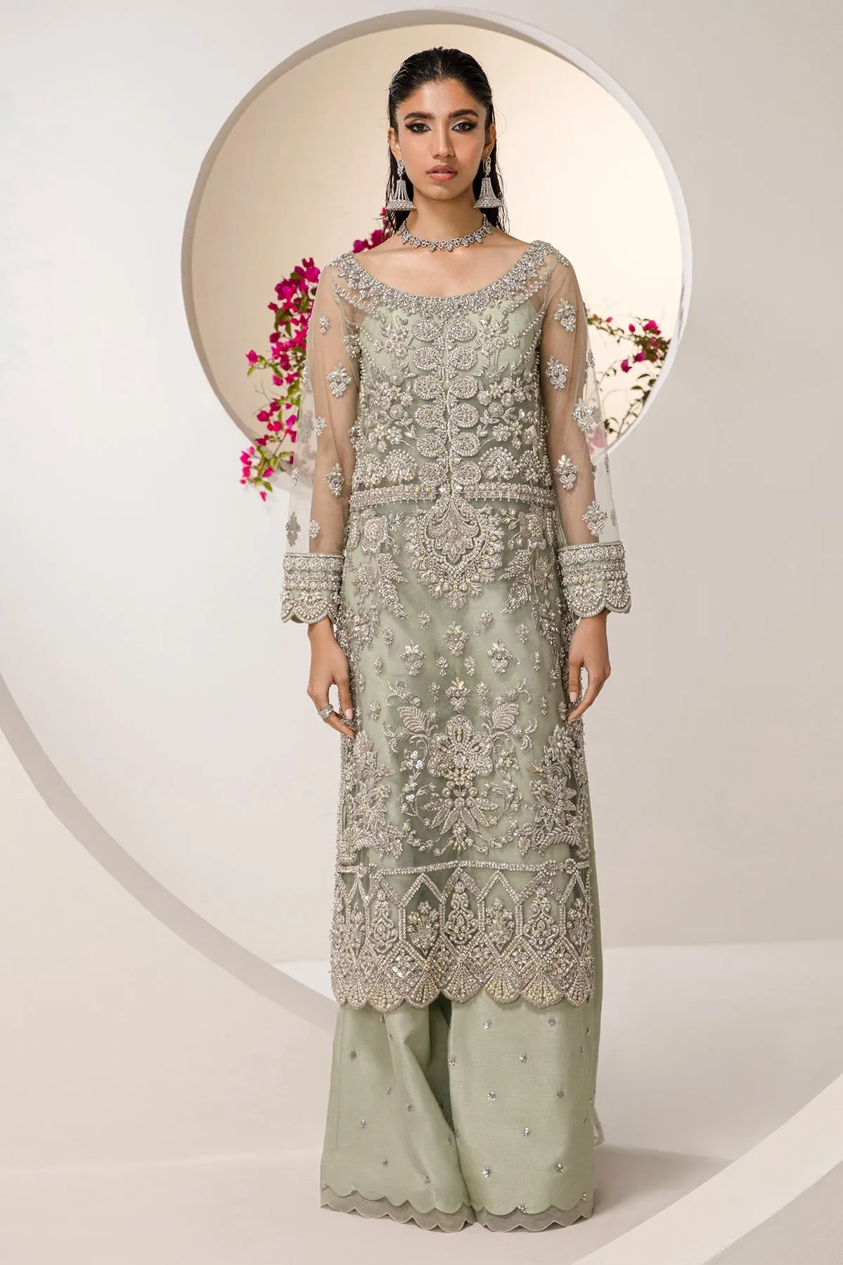 Mint Green Embroidered Pakistani Wedding Dress Kameez Gharara