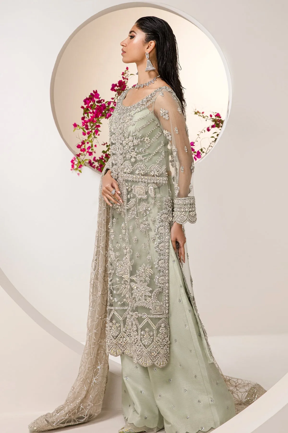 Mint Green Embroidered Pakistani Wedding Dress Kameez Gharara