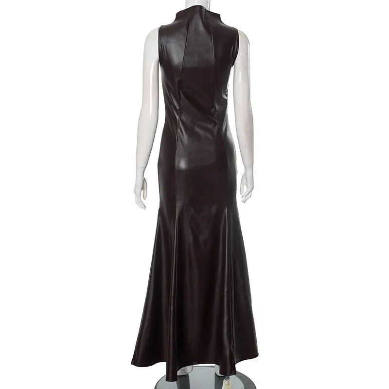 Mock Neck Fishtail Faux Leather Maxi Dress