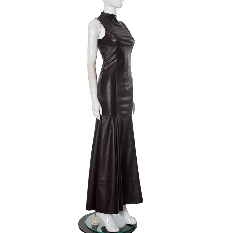 Mock Neck Fishtail Faux Leather Maxi Dress