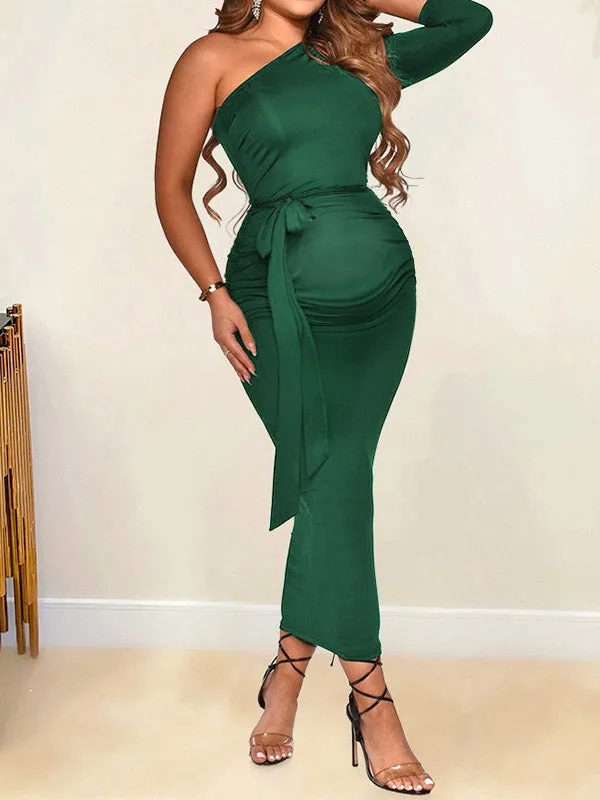 Momnfancy Elegant Bodycon Belt Irregular Ruffle Oblique Shoulder Babyshower Cocktail Maternity Maxi Dress