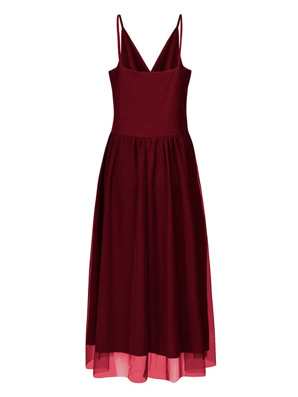 Momnfancy Wine Red Grenadine Spaghetti Strap Backless Flowy Tulle Mesh Event Party Maternity Maxi Dress