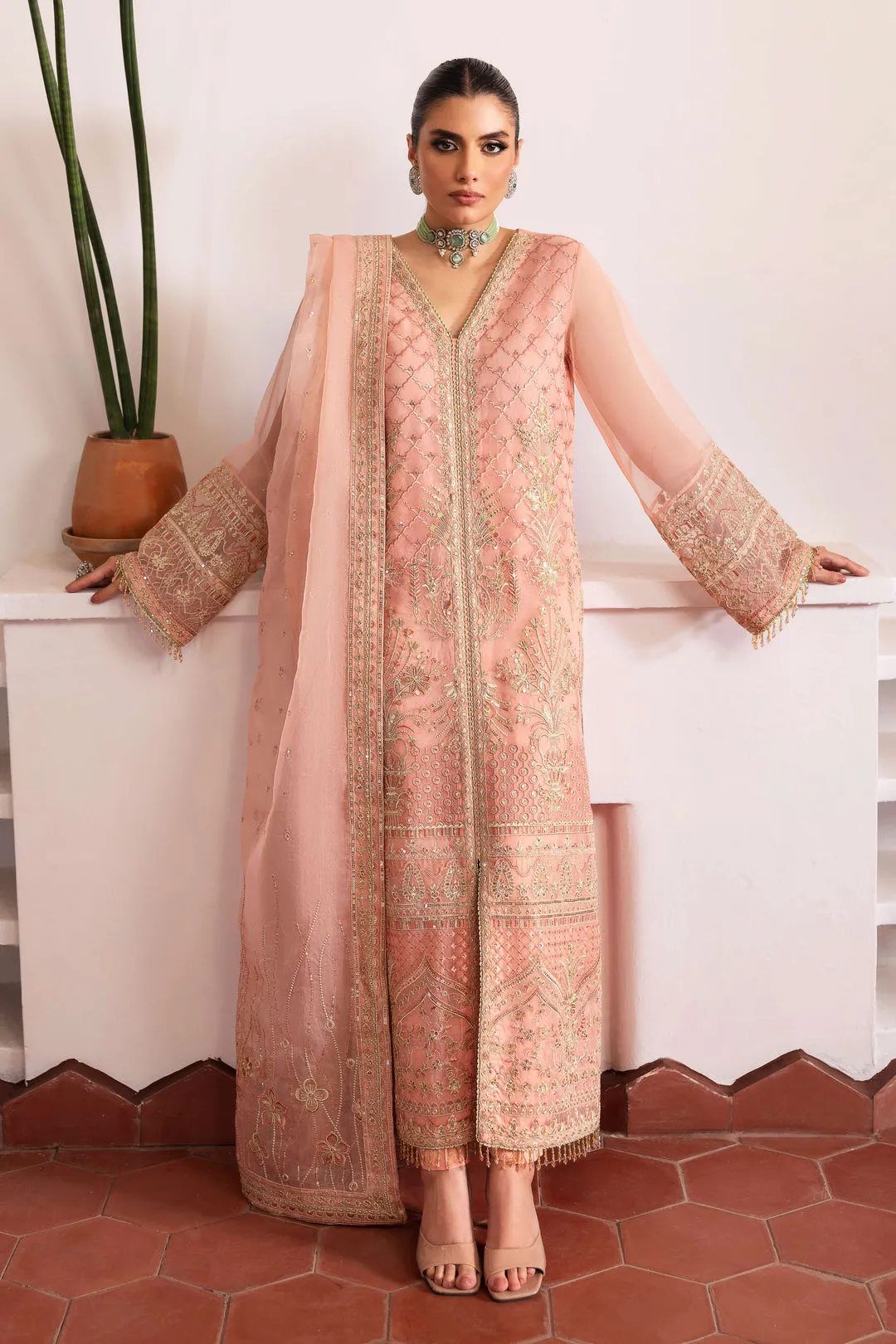Mughal Gown Style Shirt with Pants Flamingo Pink Pakistani Wedding Dress