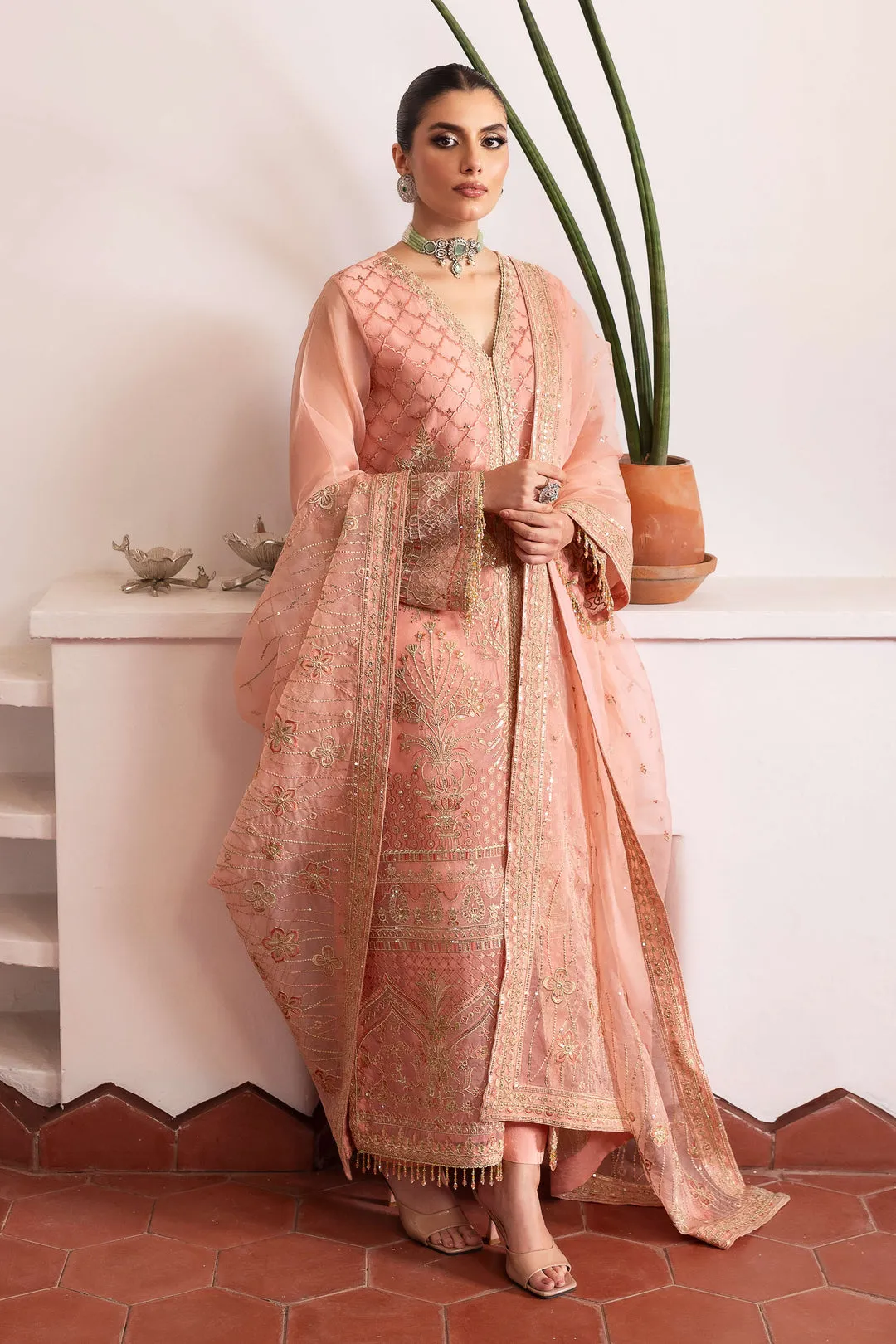 Mughal Gown Style Shirt with Pants Flamingo Pink Pakistani Wedding Dress