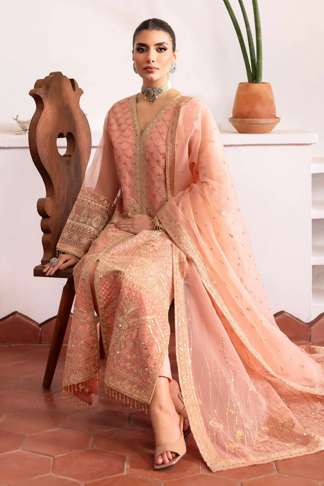 Mughal Gown Style Shirt with Pants Flamingo Pink Pakistani Wedding Dress