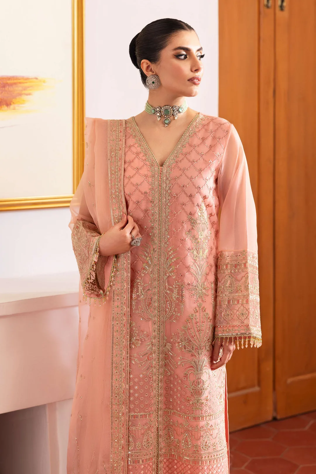 Mughal Gown Style Shirt with Pants Flamingo Pink Pakistani Wedding Dress
