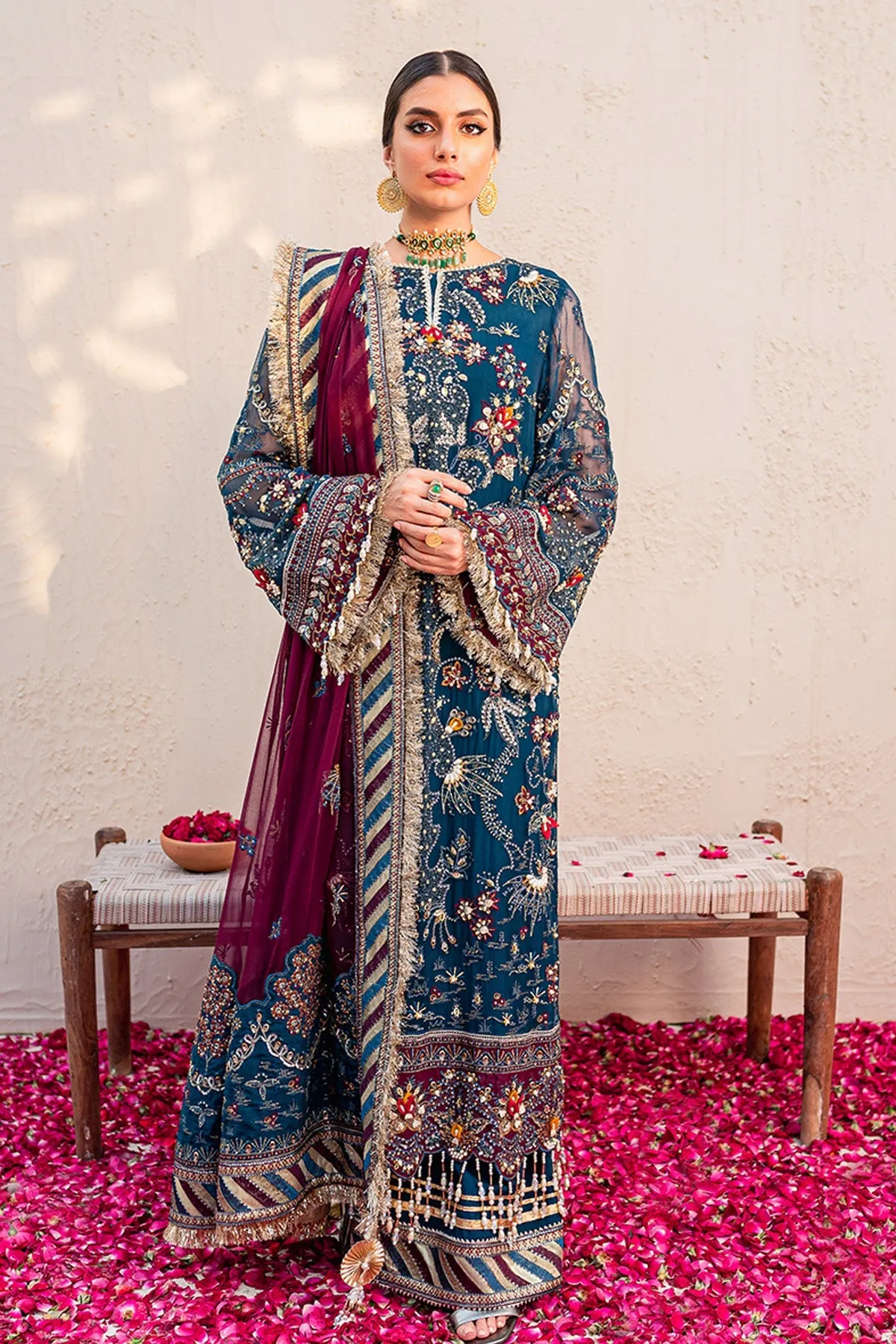 Multicolored Embellished Blue Pakistani Kameez Sharara Wedding Dress