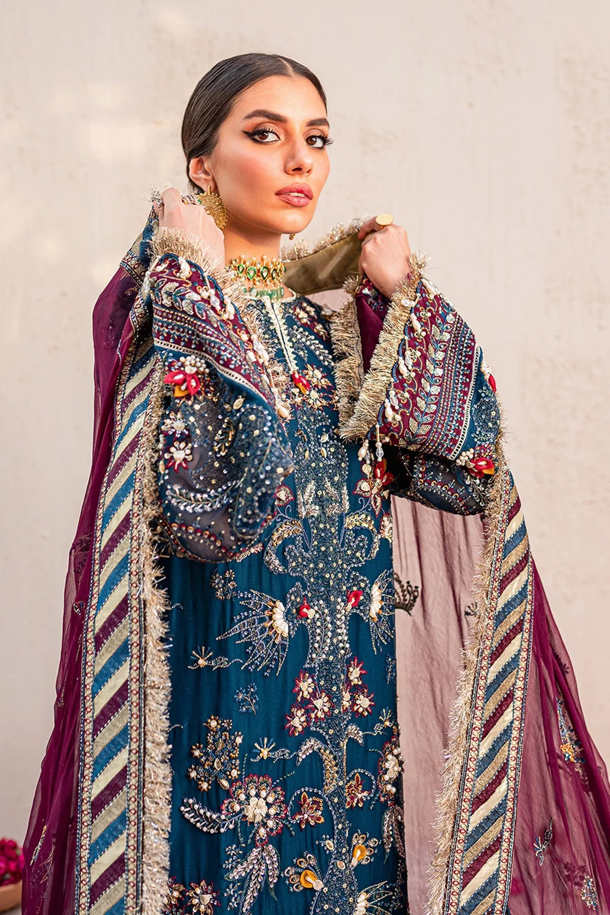 Multicolored Embellished Blue Pakistani Kameez Sharara Wedding Dress